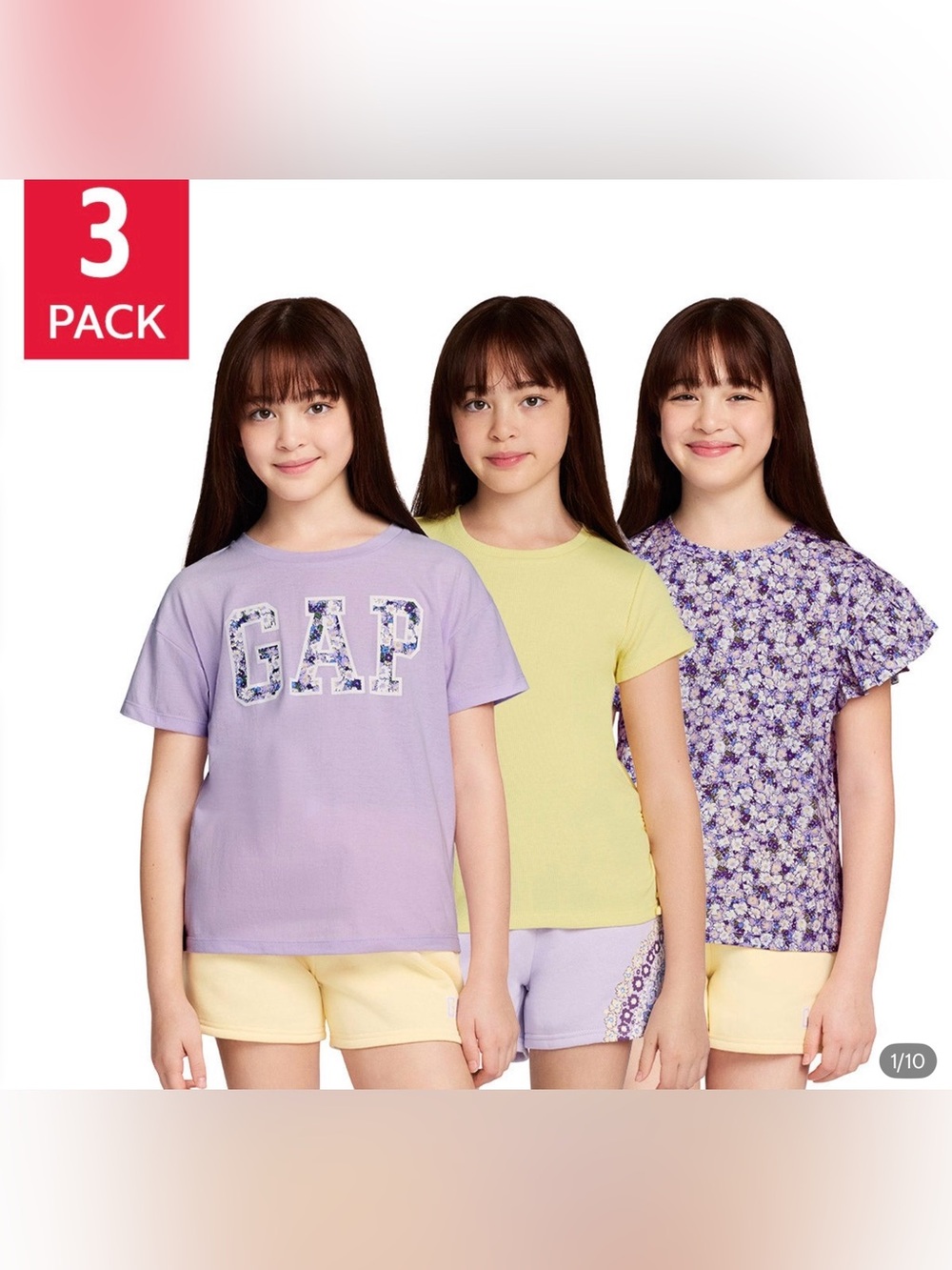 GAP Girls Pastel Tee Trio - Lavender, Yellow & Floral Purple